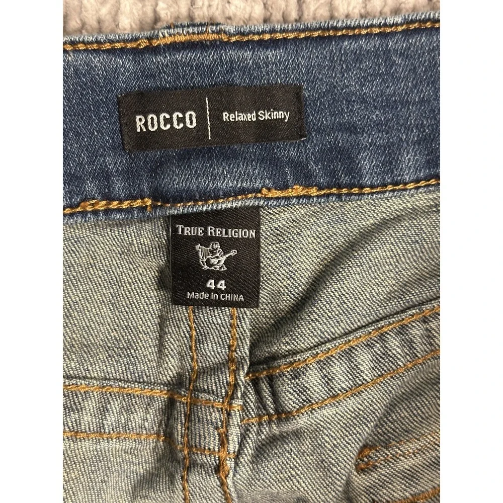 True Religion Jeans Mens 44x32 Ricky Relaxed Skinny Flap Med Blue Wash Denim